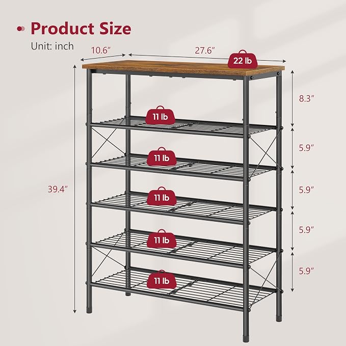 Tajsoon 6 Tier Shoe Rack Organizer for 20-24 Pairs of Shoes, Metal Mesh Shoe Shelf for Closet, Industrial Shoe Rack for Entryway Shoe Storage with X Shape Fixed Frame, Rustic Brown & Black