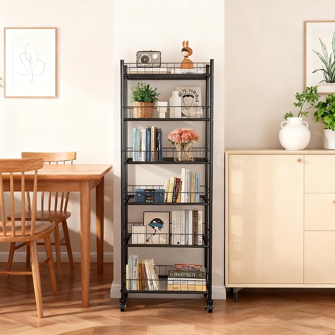 Utility Slim Storage Cart 6 Tier Narrow Metal Frame Carts | 6 Tier Narrow Kitchen Storage Cart,Laundry Room Carts, for Kitchen,DiningRoom,Living Room,Home Office,Classic Black