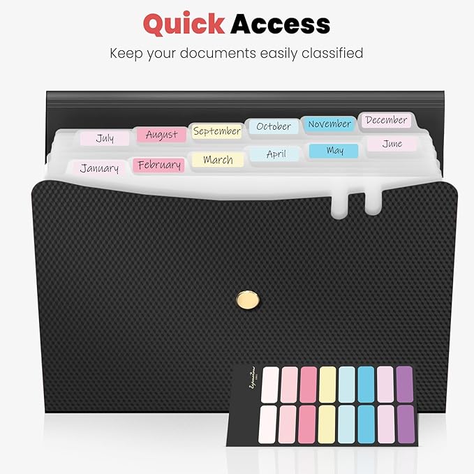 Sooez Expanding File Folder, 13 Pocket Accordion File Organizer, Monthly Expandable File Folder for Documents with Labels, Portable Bill Receipt Organizer for School Office Supplies, Letter A4 Size