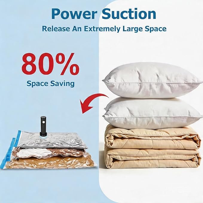 15 Vacuum Seal Bags for Clothing Travel with Rechargeable Air Pump | 4 Size Space Saver Vacuum Storage Bags, 1500mAh Type-C Pump, 6000Pa Saves 80% Space, PA+PE Tearproof Zipper For Luggage
