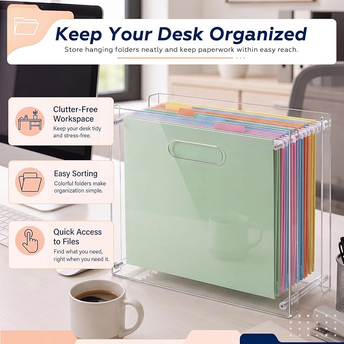 SiliFine Clear Acrylic Hanging File Organizer Box with Handles, 13.6 x 10.4 x 5.1 Inches Narrow Desktop Document Holder for Letter A4 Size, Paper Storage Rack for Desk Office Home