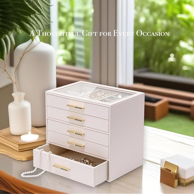 VLANDO 5-Drawer Jewelry Box with Glass Lid, Faux Leather Organizer for Rings Earrings Necklaces and More, Gift-Ready Jewelry Case for Women Girls or Moms, Pink Beige