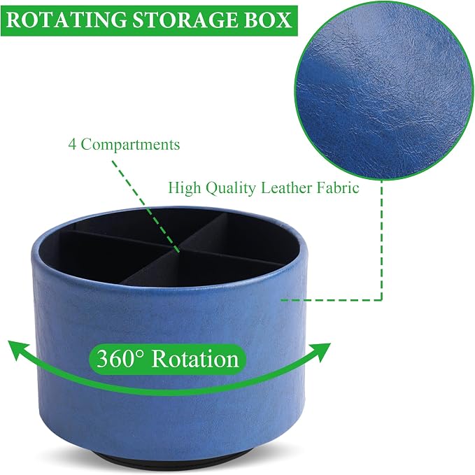 Round Leather Art Supply Organizer,Remote Control Holder,360 Degree Spinning,Multi-Functional Pencil Holder,4 Compartments Desktop Stationary Organizer(1-Oil Blue2)