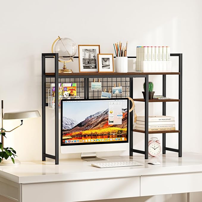 Snughome Desk Shelf, 38.6" Desktop Organizer Shelf, Desk Hutch for Computer Monitor, 4 Tier Desk Display Rack with Pegboard Hooks Set, Wood Desktop Bookshelf for Home Office Dorm