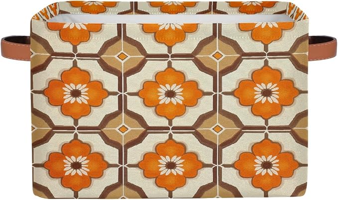 Rectangular Storage Baskets Brown Orange Flower Pattern Fabric Storage Bin Toy Organizer Box with PU Leather Handles for Room Decor