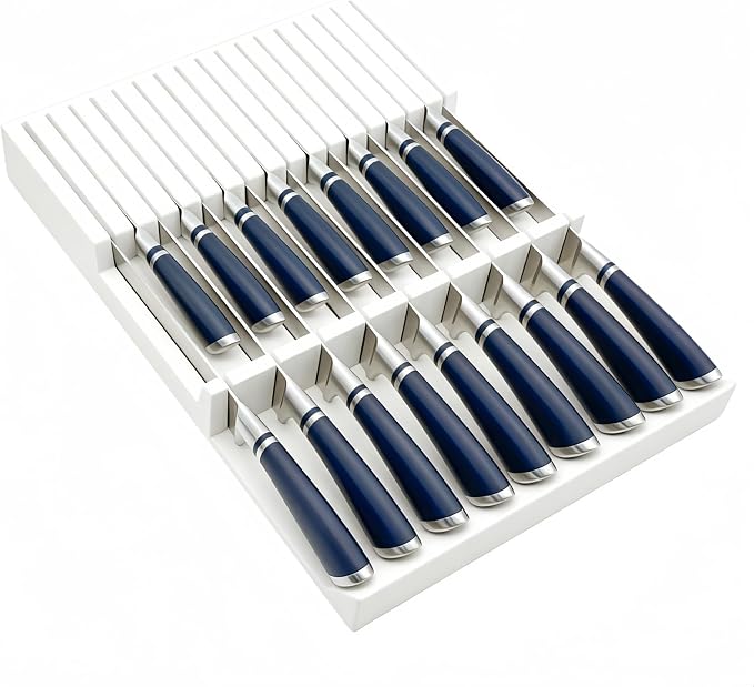 In-Drawer White Knife Block, 17-Slot Anti-Slip Space-Saving Storage | Fits Most Standard Drawers | Holds Up to 17 Knives| Smooth White Painted Frame | Secure Stable Knife Drawer Insert Organizer