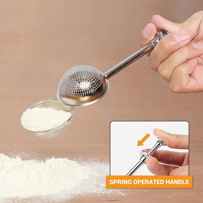 HULISEN 2-Pc Flour Duster, 304 Stainless Steel Flour Sifter for Baking | Spring-Press Handle, Dishwasher Safe, For Flour, Powdered Sugar, Fine Spices, Pick Up and Dust Flour Sifter, Gift Package