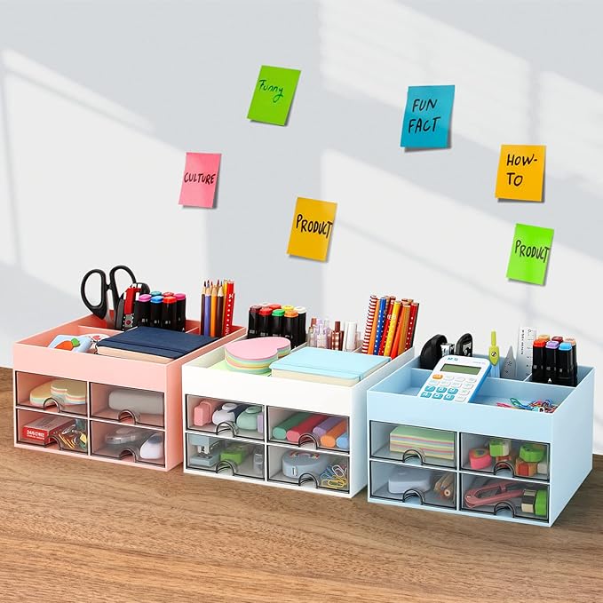 LETURE Desktop Organizer with Drawer, Accessories Stationary Organizer Desk Caddy, Pen/Pencil/Business Card/Sticky Note Tray/Paperclip Holder Storage Box (White)