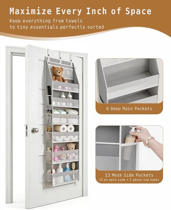 KMSCO Over The Door Organizer, 6 Large Pockets + 13 Mesh Side Pockets, Hanging Storage, 55lbs Capacity, Heavy Duty Non-Woven Fabric for Baby Nursery, Bathroom, Pantry, Closet, Grey, 1 Pack