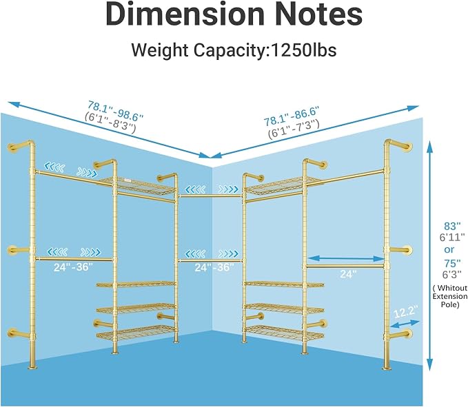 Timate L5 Expandable Wall Mounted Clothes Rack for Corner, L Shape Heavy Duty Industrial Pipe Clothing Rack with 8 Adjustable Shelves & 4 Hanger Rods, Closet System for Hanging Clothes, Gold