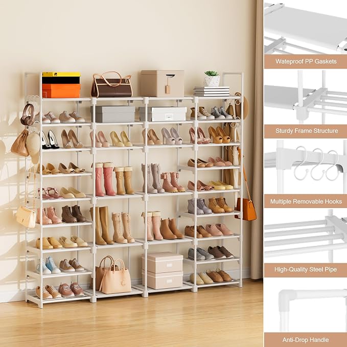 ROJASOP Large Shoe Rack Organizer for Entryway Closet 64-68 Pairs 9-Tier Heavy Duty Tall Garage Shoe Rack Shoe Shelf Shoes Storage with 18 Pcs Removable Side Hooks for Bedroom and Garage White