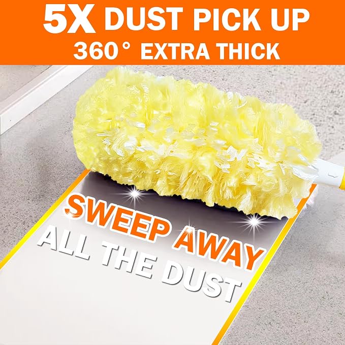100 Count Heavy Duty Duster Refills for Swiffer Duster, 3 ft Extendable Handle + 1 Short Handle, Multisurface 360 Dusters kit for Dusting Furniture, Ceiling Fans, Blinds, Corners, Yellow