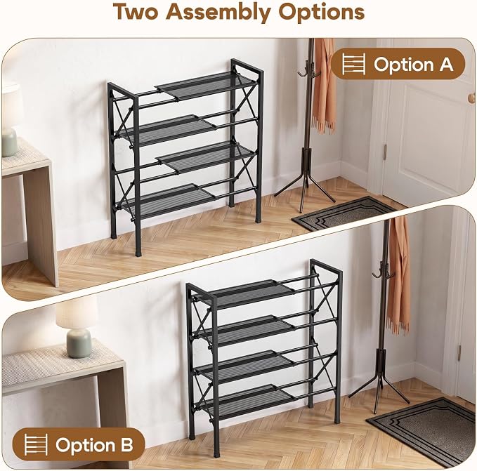 YEASHEIN 4-Tier Expandable Shoe Rack Organizer with Wire Mesh Shelf - Black | Sturdy Metal Shoe Shelf with 5-Tier Storage, Adjustable Shoe Stand, Free Standing Shoe Rack for Closet, Entryway, Garage