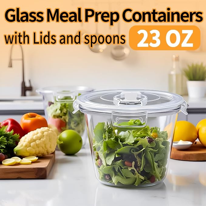 H.JSS WDJS 24oz Round Glass Soup Containers with Lids and Spoons, 3Cup Glass Food Storage Containers Set, BPA-Free Meal Prep Bowls with Lids for Leftover, Microwave, Dishwasher, Fridge Safe (4-Pack)