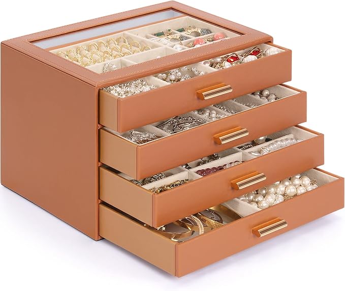 AKOZLIN Jewelry Box with Clear Lid Functional Leather Jewelry Storage Organizer Case 4 Drawers for Women Girls Necklace Ring Bracelet Earring Orange