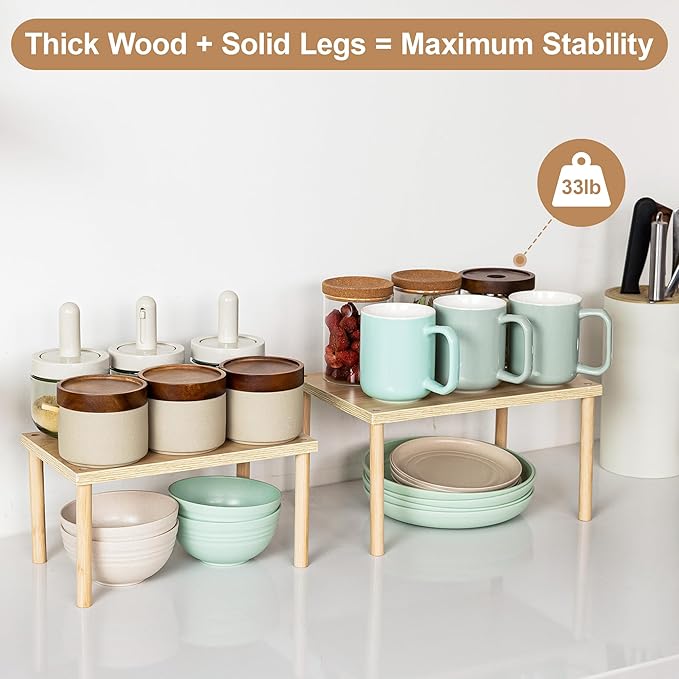 Aminigram Wood Cabinet Organizer Shelf, Set of 4 Kitchen Counter Shelves, Stackable Plate Organizer for Cabinet, Pantry Cupboard Dish Mug Cup Storage Shelf