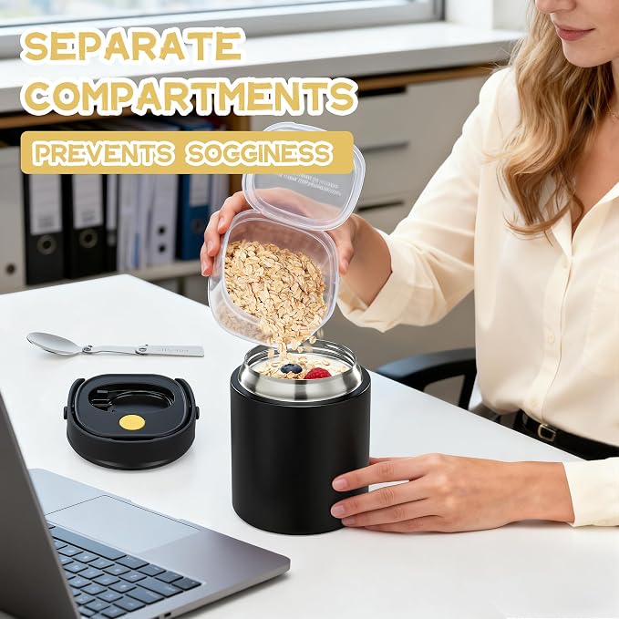 20oz Soup Thermo for Hot Food with a Snack Box Container，Leak Proof Insulated Lunch Container Kids and Adults，Stainless Steel Double Wall Vacuum Wide-mouth Food Jar with Spoon and Handle（Black）