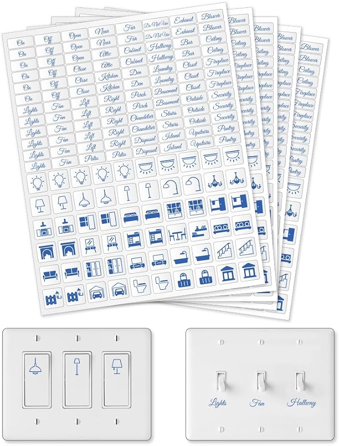 780 Pcs Light Switch Sticker Labels, 62 Designs Transparent Switch ID Sticker Blue Switchboard Label Decals for Home Kitchen Bathroom Office School