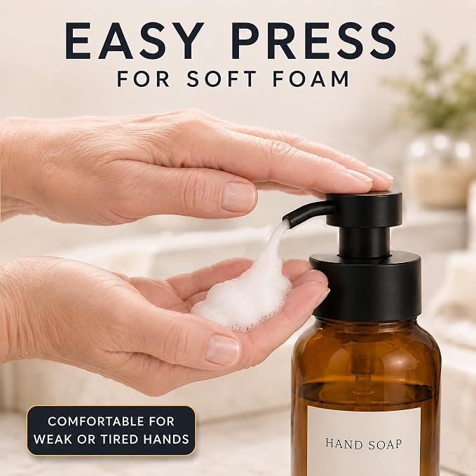 2Pcs Amber Glass Foaming Soap Dispenser - 8.5 oz Amber Glass Soap Dispenser with Pump, Compatible with Hand Soap, Dish Soap, Shampoo and Gel, Durable, Stylish & Refillable for Bathroom and Kitchen