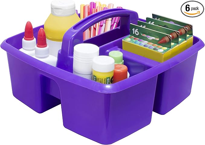 Storex 3-Compartment Small Craft Caddy – Multipurpose Classroom Organizer with Handle, Purple, 6-Pack (00944C06C)
