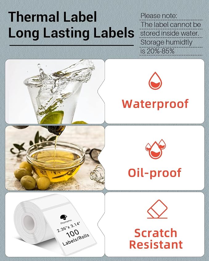 Phomemo Thermal Sticker Labels- 2.36"x 3.15"(60x80mm) Thermal Label for M221/M220/M250/M260, for Barcode/Address/Mailing/Logo/Business/Home Tag, 1 Roll, 90 PCS