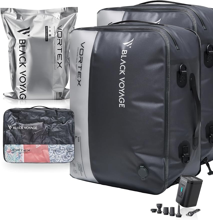 Black Voyage Reusable Vacuum Compression Travel Bag for Carry-On Suitcase and Backpack, Recycled IPX8 Waterproof Space Saver Vacpack (2-Pack, 41L - Pump Included)