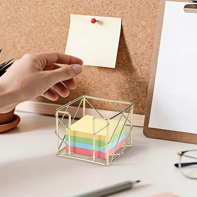 BTSKY Metal Sticky Note Holder, 3x3 Inch Post It Note Dispenser, Modern Memo Cube Holder Desk Organizer for Office & Home, Iron Sturdy Desktop Sticky Note Storage, Gold