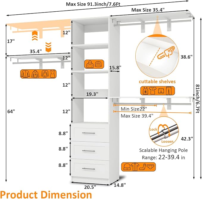 Closet System with Drawers, 5FT-8FT Closet Organizer System with Shelves & Adjustable Hanging Rods, 91.3" Walk in Closet System Storage Wood, White