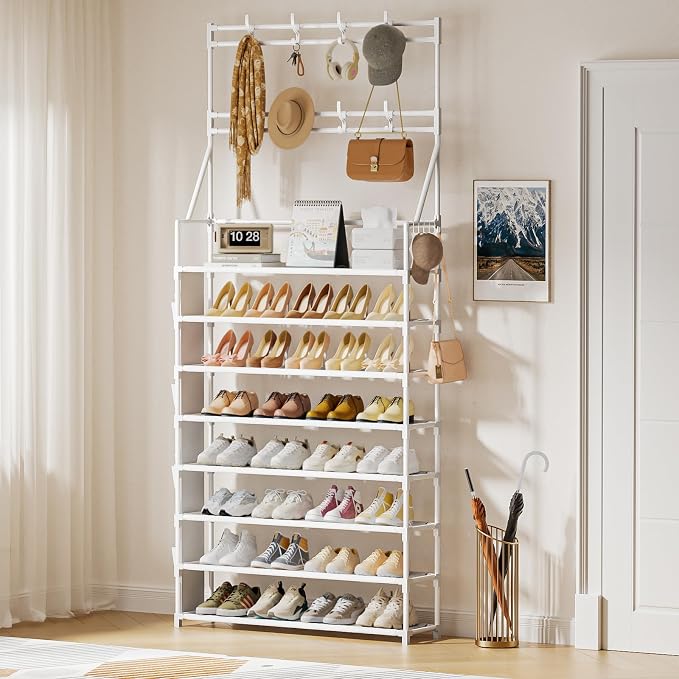 OYREL Shoe Rack 8 Tier Large Shoe Organizer Storage 32-40 Pairs | Metal Shoe Storage Rack with Hooks and Side Pocket for Entrance Entryway Closet Shoe Shelf Holder