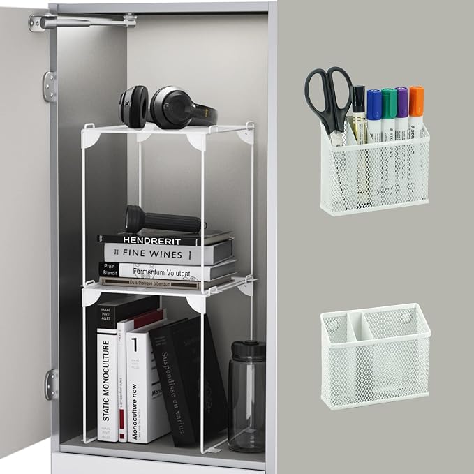 Neudeco Locker Organizer Kit, White, 4-Piece Set | Foldable Mesh Locker Shelf, Magnetic Pen Holders, Stackable Storage, For School, Work & Gym Lockers