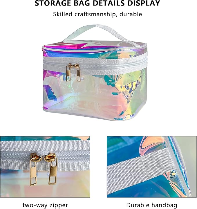 Waterproof Holographic Blue PVC Makeup Bag with Handle - 8.66 * 5.51 * 5.51 inch Travel Cosmetic Organizer for Women Men Toiletry Pouch (Holographic Blue - L)