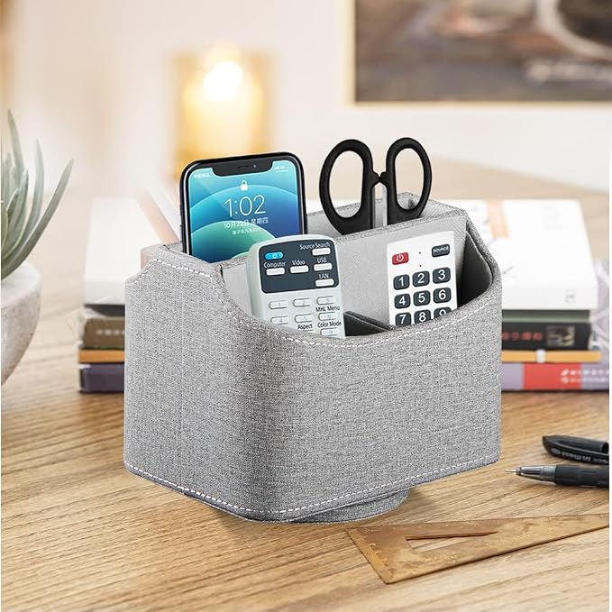 360° Rotating Remote Control Holder, PU Leather TV Remote Caddy Organizer Basket Storage Box with 5 Compartments for Pen, Pencil, Art Supplies, Makeup Brush, Office Desk Table Accessories | Nightstand Organizer Storage Box with 5 Compartments for Penci...