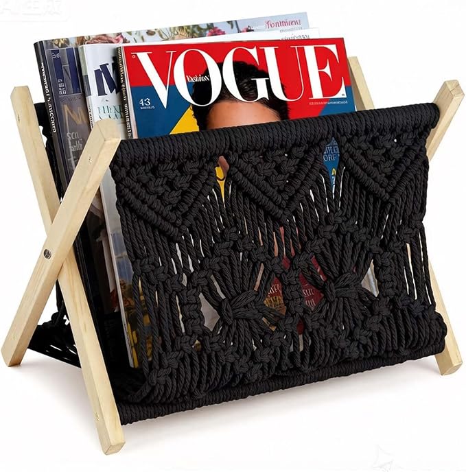 Boho Macrame Magazine Holder,Hand-Woven Magazine Rack for Home Office | Multifunctional Storage Basket for Letters, Magazines, Books and Newspapers