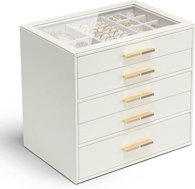VLANDO 5-Drawer Jewelry Box with Glass Lid, Faux Leather Organizer for Rings Earrings Necklaces and More, Gift-Ready Jewelry Case for Women Girls or Moms, Beige