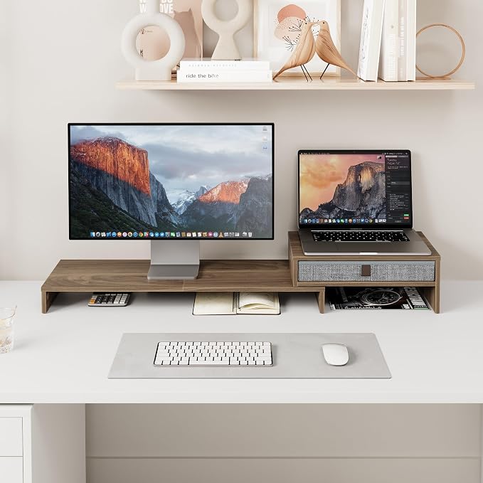 Fenge Triple Monitor Stand with Srorage Drawer, Adjustable Length and Angle | Computer Monitor Riser for 2 or 3 Monitors, Wooden Desktop Laptop Stand, Office Organizer for PC, Screen, Tablet, Brown