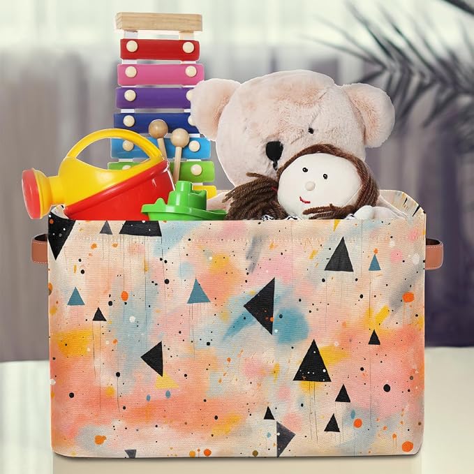 Rectangular Storage Baskets Abstract Colored Triangle Fabric Storage Bin Toy Organizer Box with PU Leather Handles for Room Decor