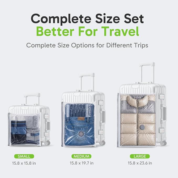 Vacbird Travel Vacuum Bags with USB Electric Pump, 18 Pack Vacuum Bags for Travel, Compression Vacuum Packing Bags for Luggage & Suitcase, Space Saving Travel Bags for Clothes and Clothing,Carry-On