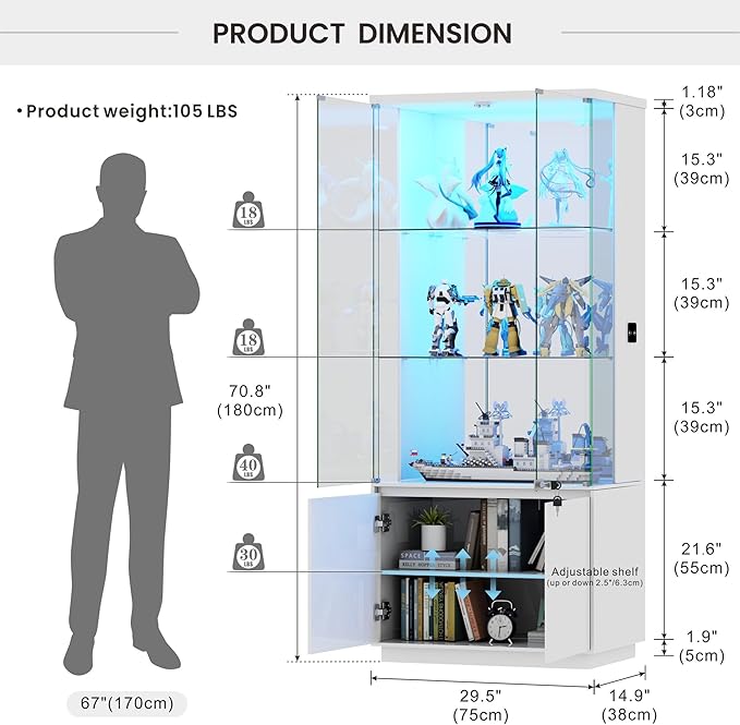 Lvifur 71” Glass Display Cabinet with Lights, Modern Curio Cabinet Display Cases for Collectibles, Locking Cabinet with Shelves & Drawers, Tall Bookcase with Human Body Sensor for Living Room (White)