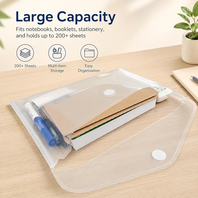 10 Pack Clear Folders for Documents Plastic Folders with Label Pockets, Waterproof Poly File Folders, Plastic Envelopes with Hook and Loop Closure, Letter Size/A4 for Teacher School Office Home