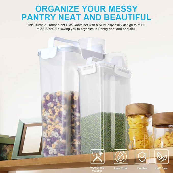 Uppetly Rice Airtight Dry Food Storage Containers 2 Pack, BPA Free Plastic Storage Bin Dispenser with Pourable Spout, Portable Handle, Kitchen Pantry Organization for Cereal, Flour and Baking Supplies