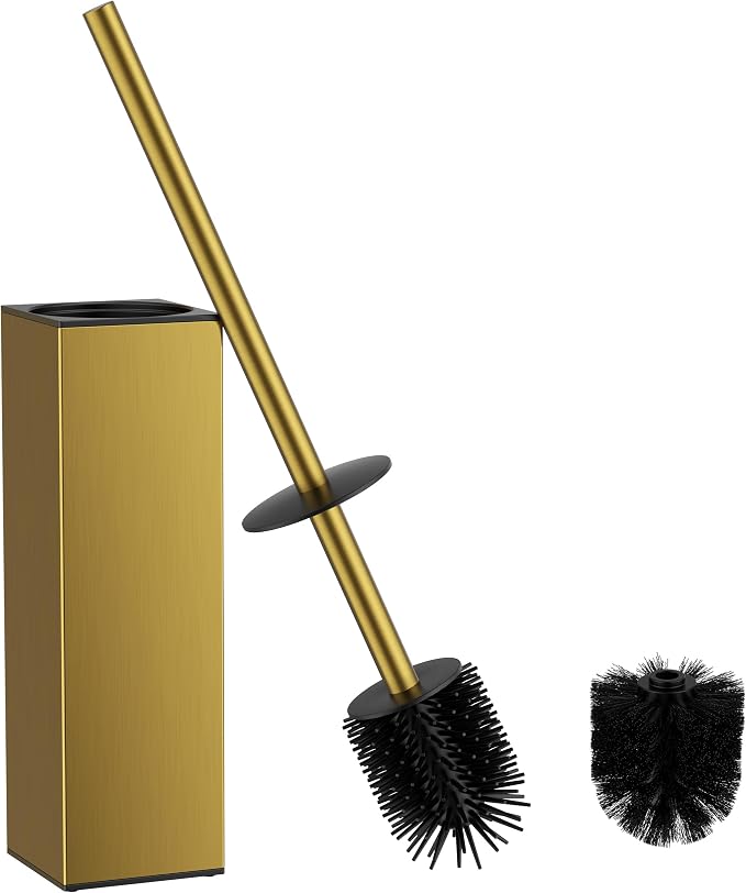 FORIOUS Toilet Brush, 2 Toilet Bowl Brush Head Square Tall Gold | Heavy Duty 304 Stainless Steel Base, Silicone and Plastic Brush Heads, Long Handle for Deep Cleaning, Drip-Proof