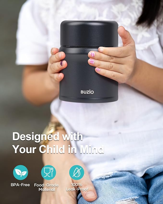 BUZIO Kids Food Jar 10 oz, Stainless Steel Lunch Container for Hot & Cold Food, Leak Proof Food Jar with Folding Spoon for School Office Travel, Black