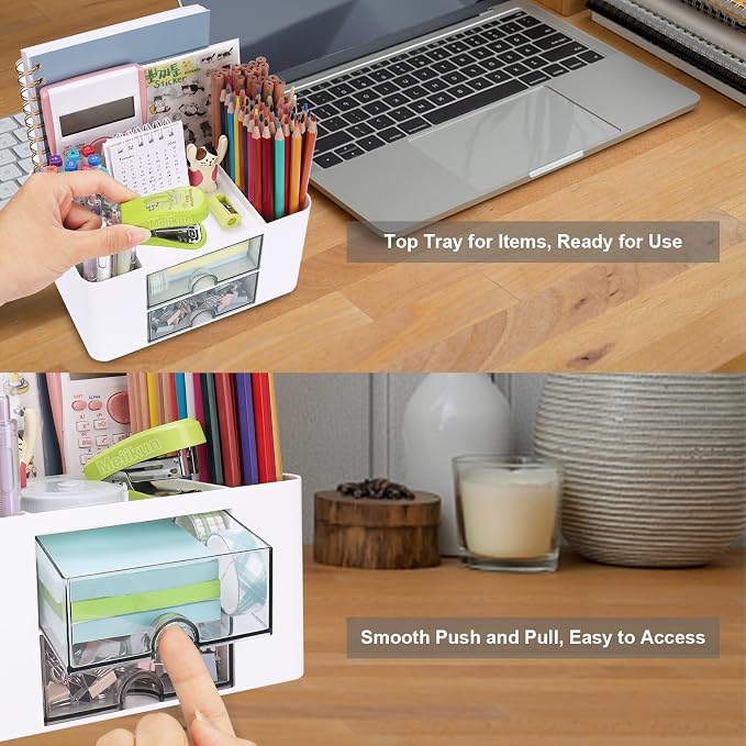 Meiikun Plastic Pen Organizer, Multifunctional Desk Organizer with 2 Drawers, 4 Compartments & a Top Tray, Pencil Holder Desktop Organizers and Accessories for Office, 7.7" x 5.5" x 3.9" (White)