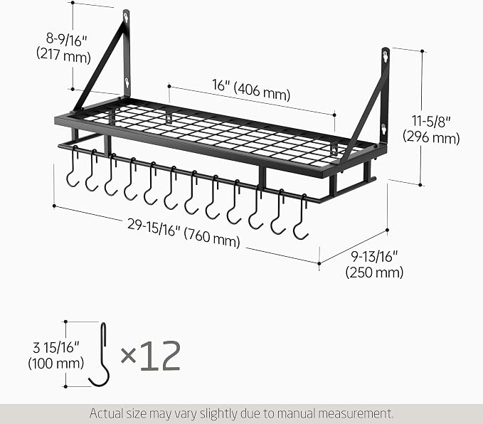 KES 30-Inch Kitchen Pan Pot Rack Wall Mounted, Hanging Storage Organizer | 88 Lbs Capacity, Wall Shelf with 12 Sturdy Hooks, 16-Inch Stud Mount, Matte Black, KUR215S75A-BK