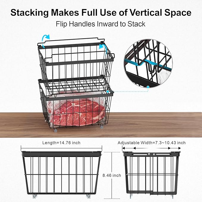 iSPECLE Freezer Organizer Bins - 3 Pack Adjustable Width for 5 to 7 Cu.Ft Chest Freezers, Stackable Freezer Wire Storage Baskets for Deep Freezer Organization, Assembly Required, Black