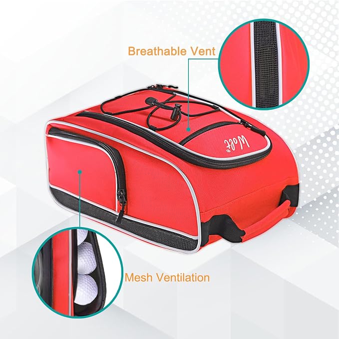 Wolt Golf Shoe Bag - Sports & Travel Shoes Carrier Bags with Ventilation & Double Outside Accessory Pocket for Socks, Tees, Golf Balls, Etc. for Women and Men (Red)