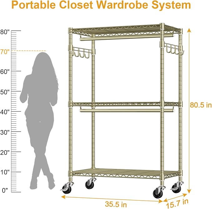 ULIFHOME P1 Rolling Clothes Rack, Portable Wardrobe Closet with Wheels, Heavy-Duty Closet Clothing Rack for Hanging Clothes, 35.5" W x 15.7" D x 80.5" H, Hold 500lbs, Gold