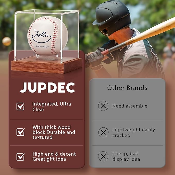 JupDec Baseball Display Case, Clear Cube Baseball Holder with Wooden Base, Autograph Baseball Stand Box for Single Ball, Acacia Wood, Brown, 2 Pack