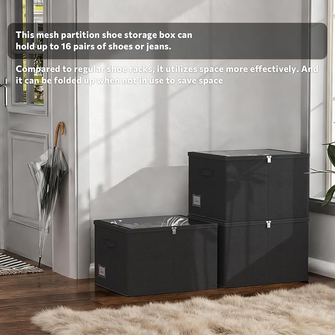 Shoe Organizer for Closet, 2 Pack Foldable Shoe Storage Box with Clear Cover and Adjustable Dividers, Stackable Storage Bins for Boots, Fits up to 32 Pairs (Black, 19.7 × 15.7 × 12.6 in)