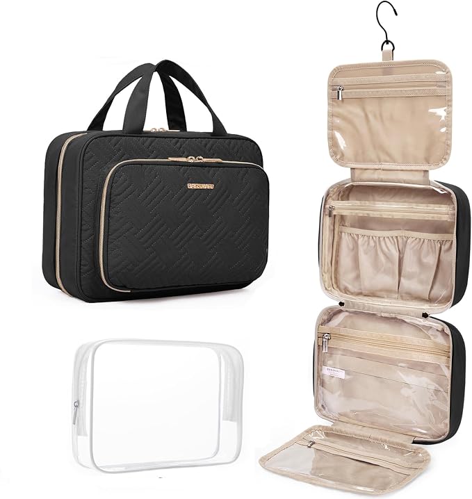 BAGSMART Toiletry Bag Hanging Travel Makeup Organizer with TSA Approved Transparent Cosmetic Bag Makeup Bag for Full Sized Toiletries, Medium-Black